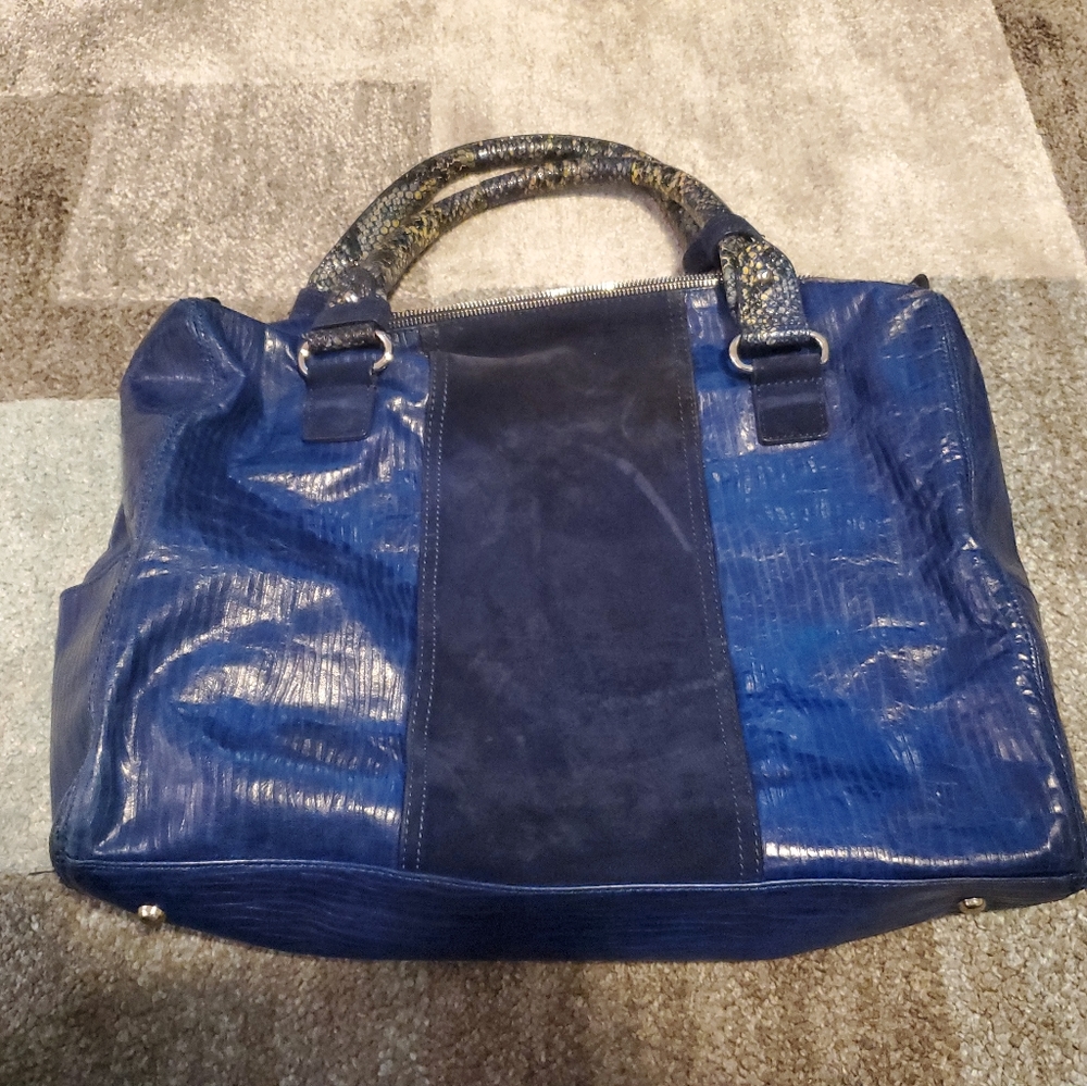 VINTAGE REIGN  DARK BLUE & SUEDE BAG/ TOTE SNAKESKIN HANDLES